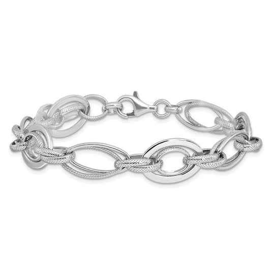 925 Sterling Silver 12.5mm Rhodium-plated Polished/Textured Link Bracelet 7.5 inch