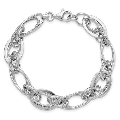 925 Sterling Silver 12.5mm Rhodium-plated Polished/Textured Link Bracelet 7.5 inch
