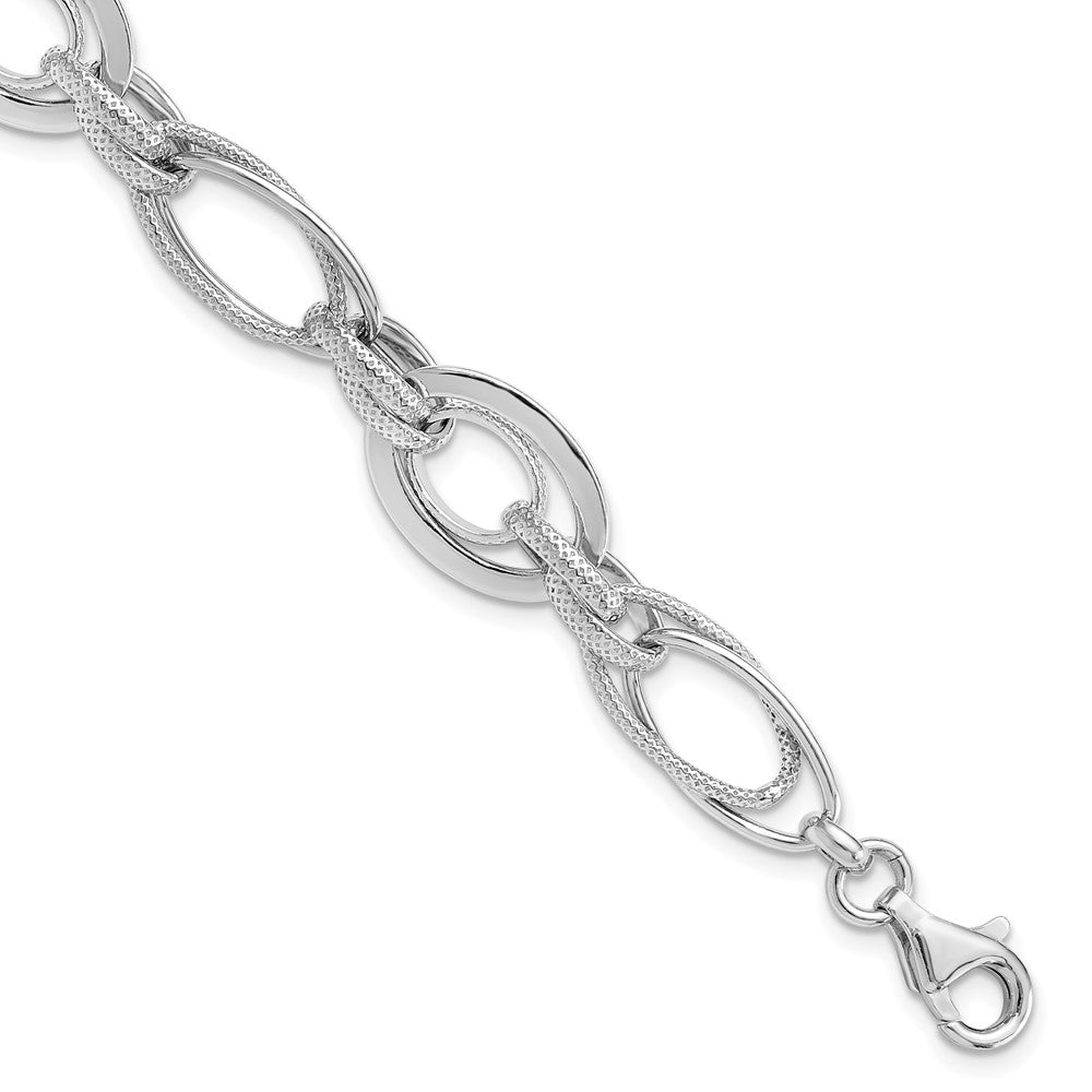 925 Sterling Silver 12.5mm Rhodium-plated Polished/Textured Link Bracelet 7.5 inch
