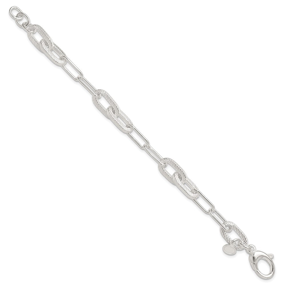925 Sterling Silver 8.6mm Polished and Textured Paperclip Link Bracelet 7.5 inch