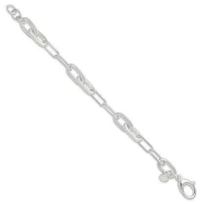 925 Sterling Silver 8.6mm Polished and Textured Paperclip Link Bracelet 7.5 inch