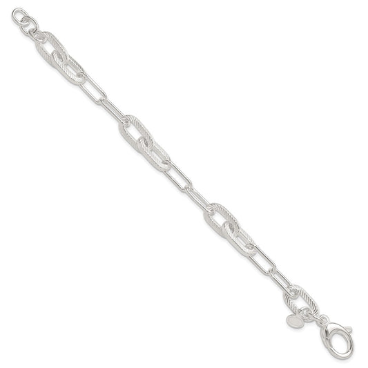 925 Sterling Silver 8.6mm Polished and Textured Paperclip Link Bracelet 7.5 inch