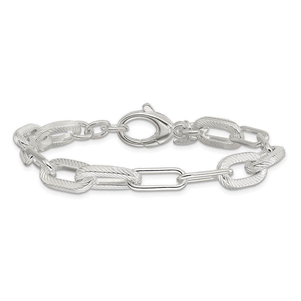 925 Sterling Silver 8.6mm Polished and Textured Paperclip Link Bracelet 7.5 inch