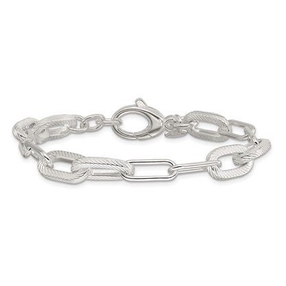 925 Sterling Silver 8.6mm Polished and Textured Paperclip Link Bracelet 7.5 inch