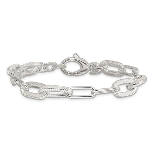 925 Sterling Silver 8.6mm Polished and Textured Paperclip Link Bracelet 7.5 inch
