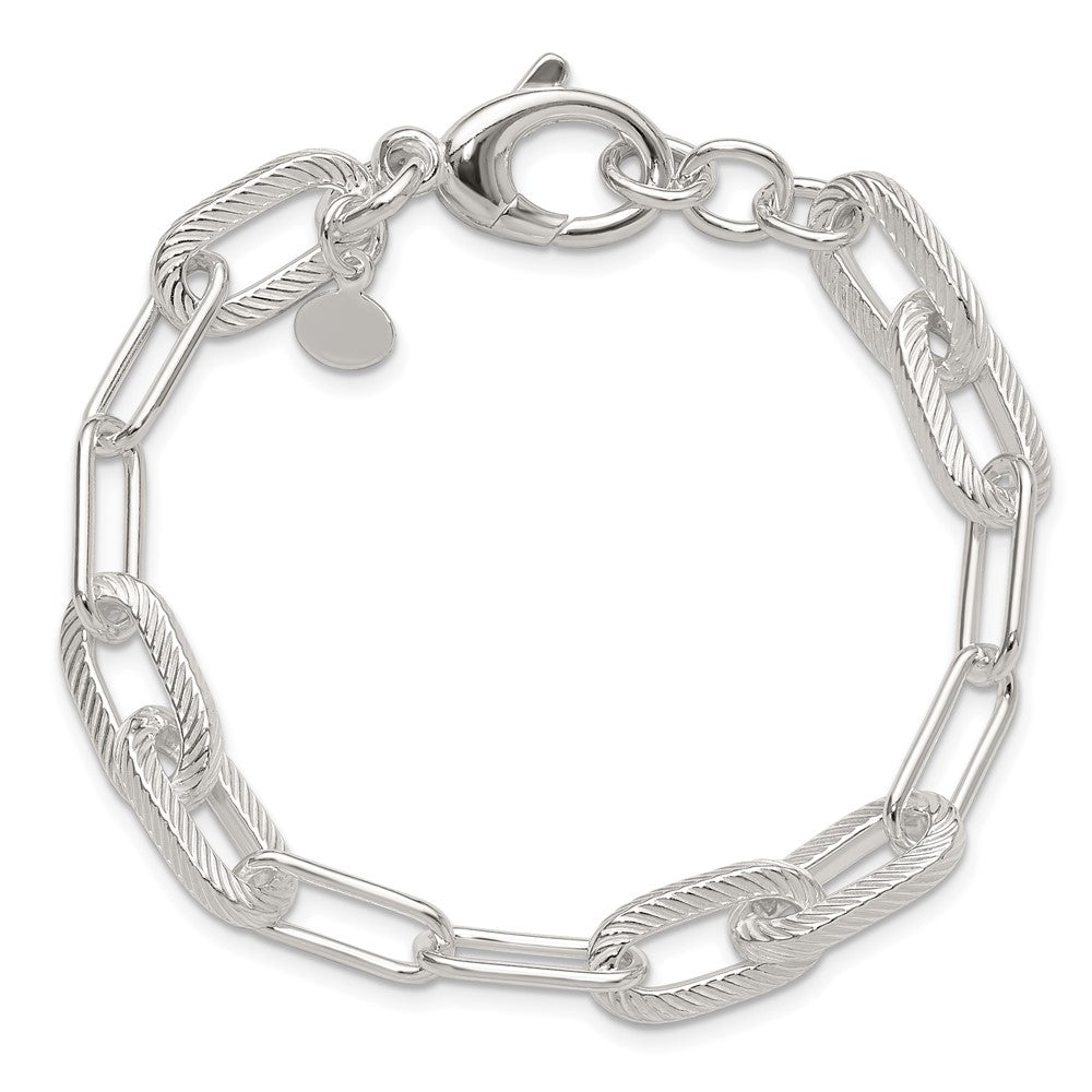 925 Sterling Silver 8.6mm Polished and Textured Paperclip Link Bracelet 7.5 inch