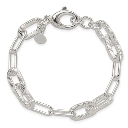 925 Sterling Silver 8.6mm Polished and Textured Paperclip Link Bracelet 7.5 inch