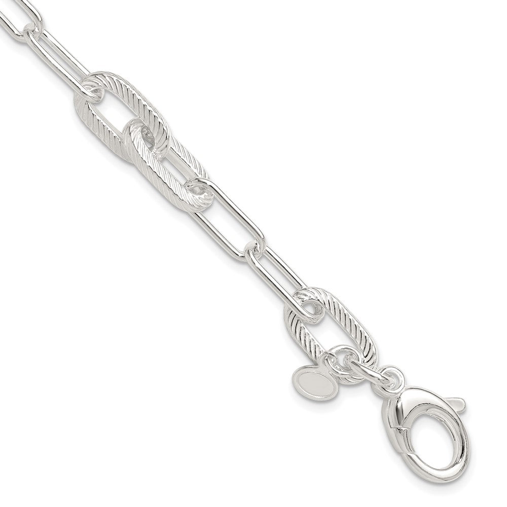 925 Sterling Silver 8.6mm Polished and Textured Paperclip Link Bracelet 7.5 inch