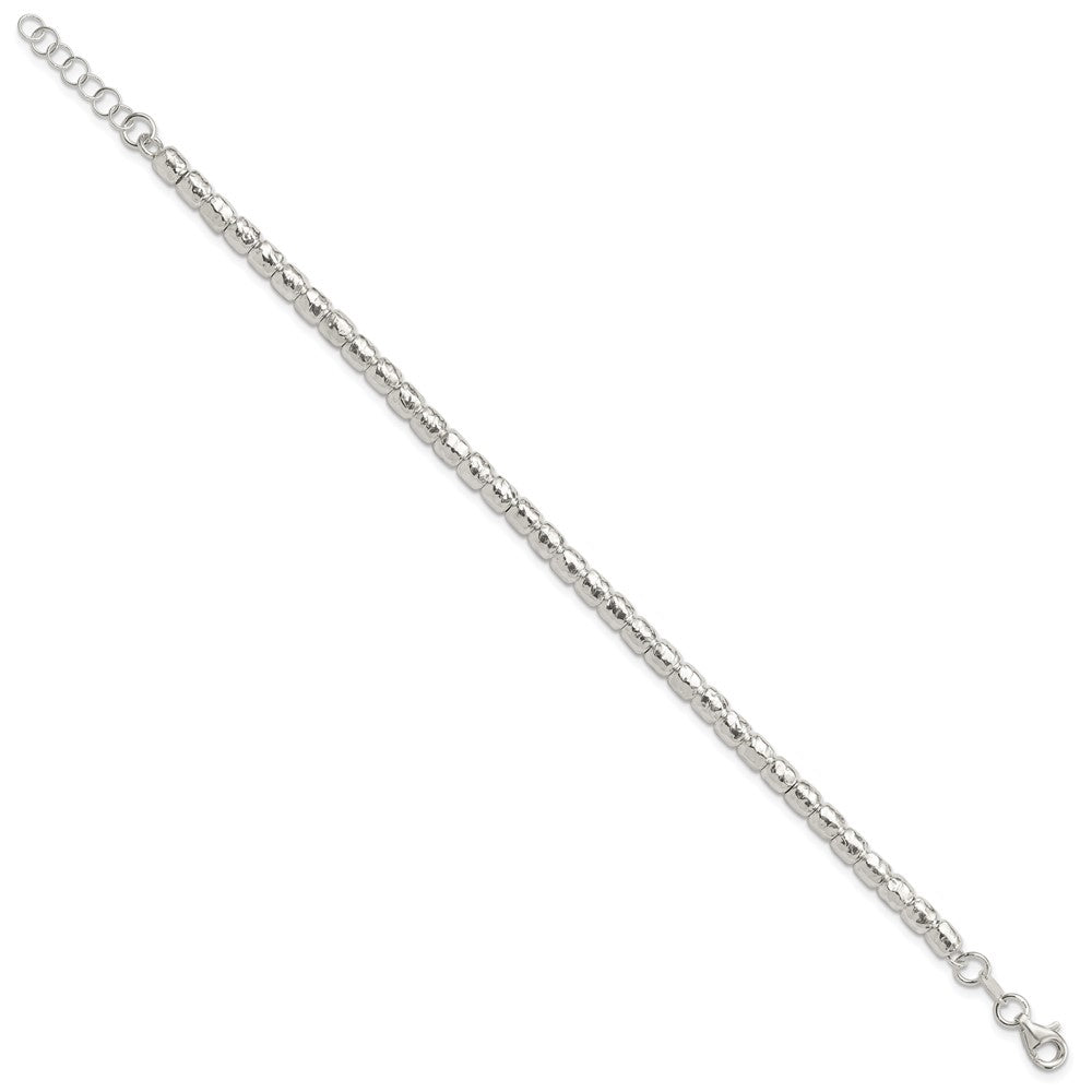 925 Sterling Silver 4mm Rhodium-plated Polish/Hamm ered Beaded Bracelet 8 inch