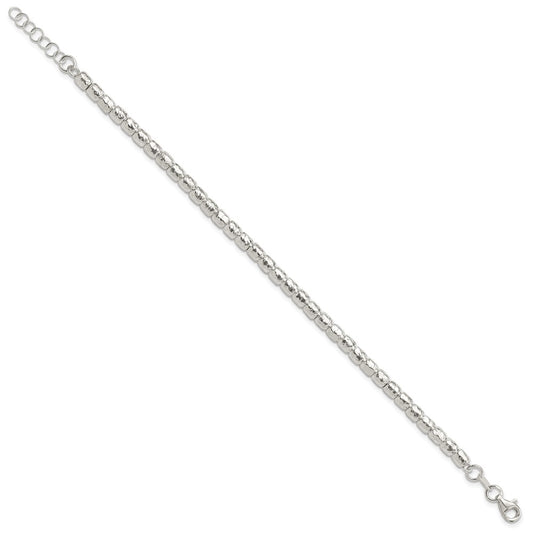 925 Sterling Silver 4mm Rhodium-plated Polish/Hamm ered Beaded Bracelet 8 inch