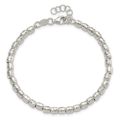 925 Sterling Silver 4mm Rhodium-plated Polish/Hamm ered Beaded Bracelet 8 inch