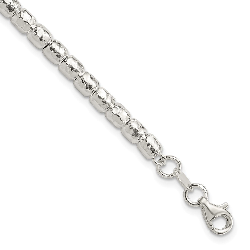 925 Sterling Silver 4mm Rhodium-plated Polish/Hamm ered Beaded Bracelet 8 inch