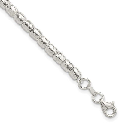 925 Sterling Silver 4mm Rhodium-plated Polish/Hamm ered Beaded Bracelet 8 inch