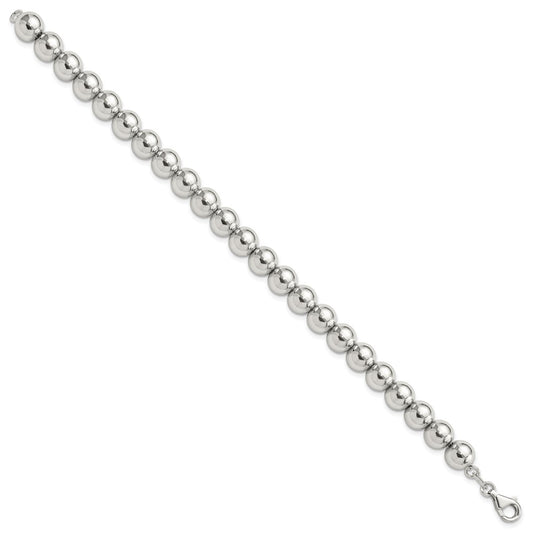 925 Sterling Silver 8mm Rhodium-plated Beaded Bracelet 7.5 inch