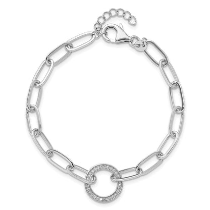 925 Sterling Silver 5.25mm Rhodium-plated Paperclip Cubic Zirconia Circle Bracelet 8 inch