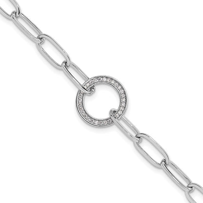 925 Sterling Silver 5.25mm Rhodium-plated Paperclip Cubic Zirconia Circle Bracelet 8 inch