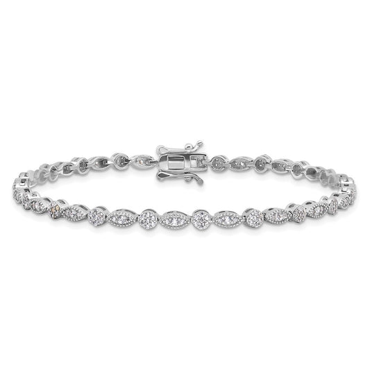 925 Sterling Silver 5.25mm Rhodium-plated Round/Marquise Pattern Cubic Zirconia Bracelet 8 inch