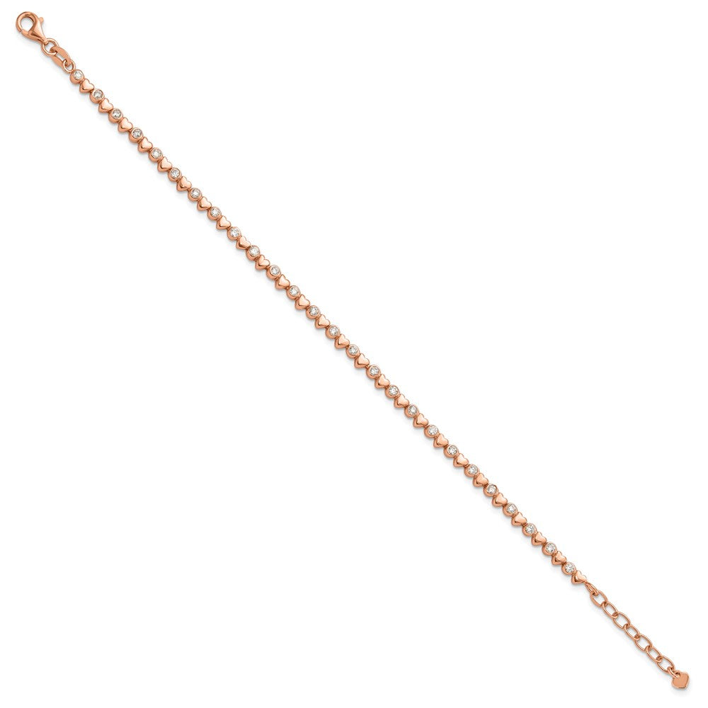 925 Sterling Silver 5.25mm Rose Tone Polished Cubic Zirconia and Hearts Bracelet 8 inch