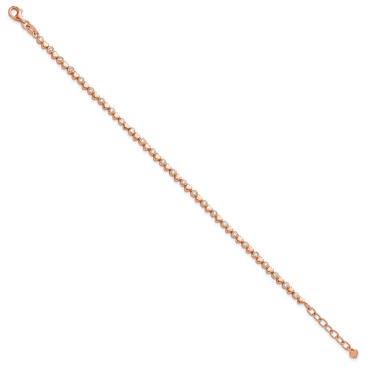 925 Sterling Silver 5.25mm Rose Tone Polished Cubic Zirconia and Hearts Bracelet 8 inch