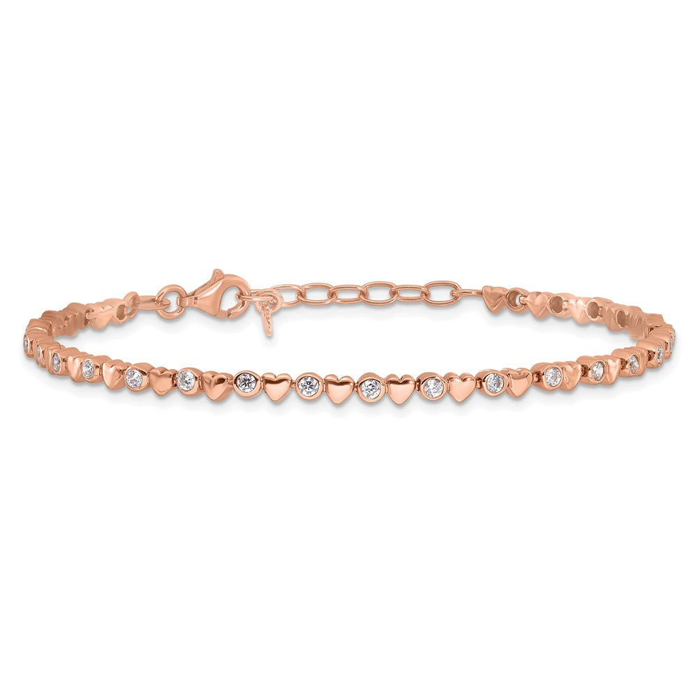 925 Sterling Silver 5.25mm Rose Tone Polished Cubic Zirconia and Hearts Bracelet 8 inch