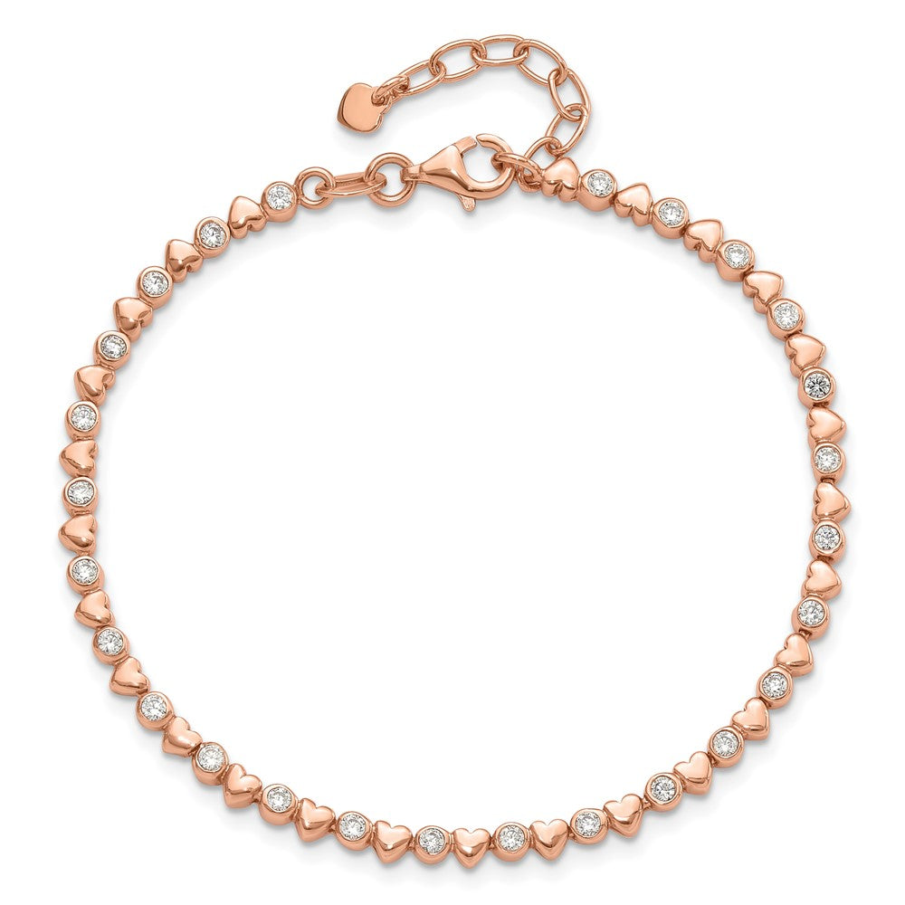 925 Sterling Silver 5.25mm Rose Tone Polished Cubic Zirconia and Hearts Bracelet 8 inch