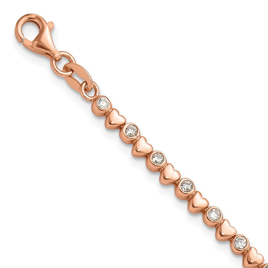 925 Sterling Silver 5.25mm Rose Tone Polished Cubic Zirconia and Hearts Bracelet 8 inch