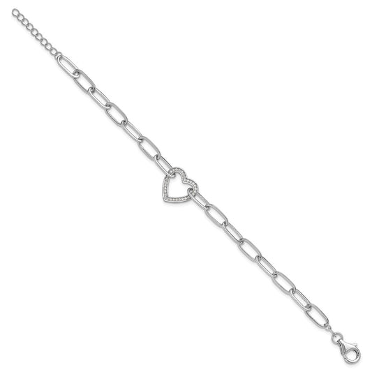925 Sterling Silver 5.25mm Rhodium-plated Paperclip Cubic Zirconia Heart Bracelet 8 inch