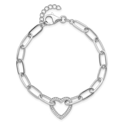 925 Sterling Silver 5.25mm Rhodium-plated Paperclip Cubic Zirconia Heart Bracelet 8 inch