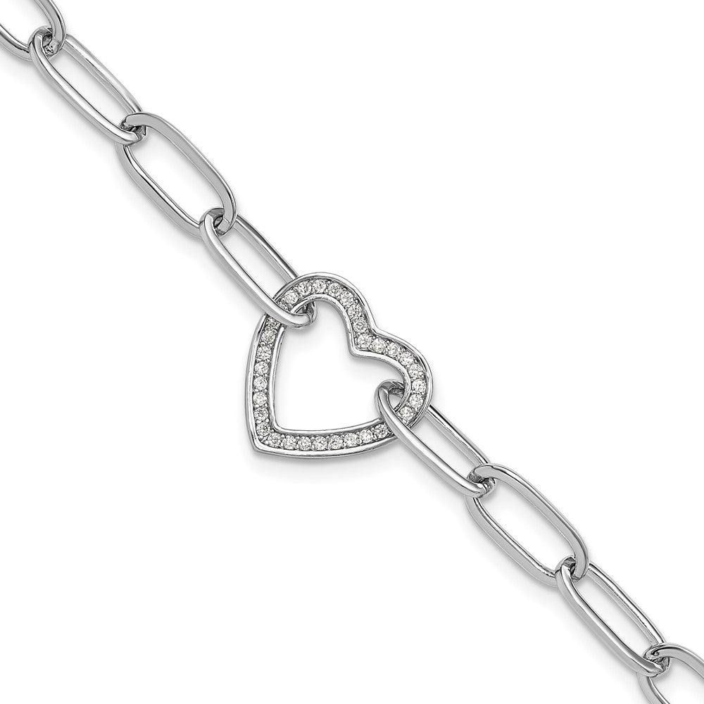 925 Sterling Silver 5.25mm Rhodium-plated Paperclip Cubic Zirconia Heart Bracelet 8 inch