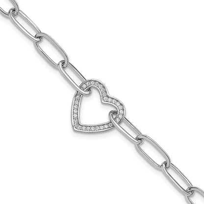 925 Sterling Silver 5.25mm Rhodium-plated Paperclip Cubic Zirconia Heart Bracelet 8 inch