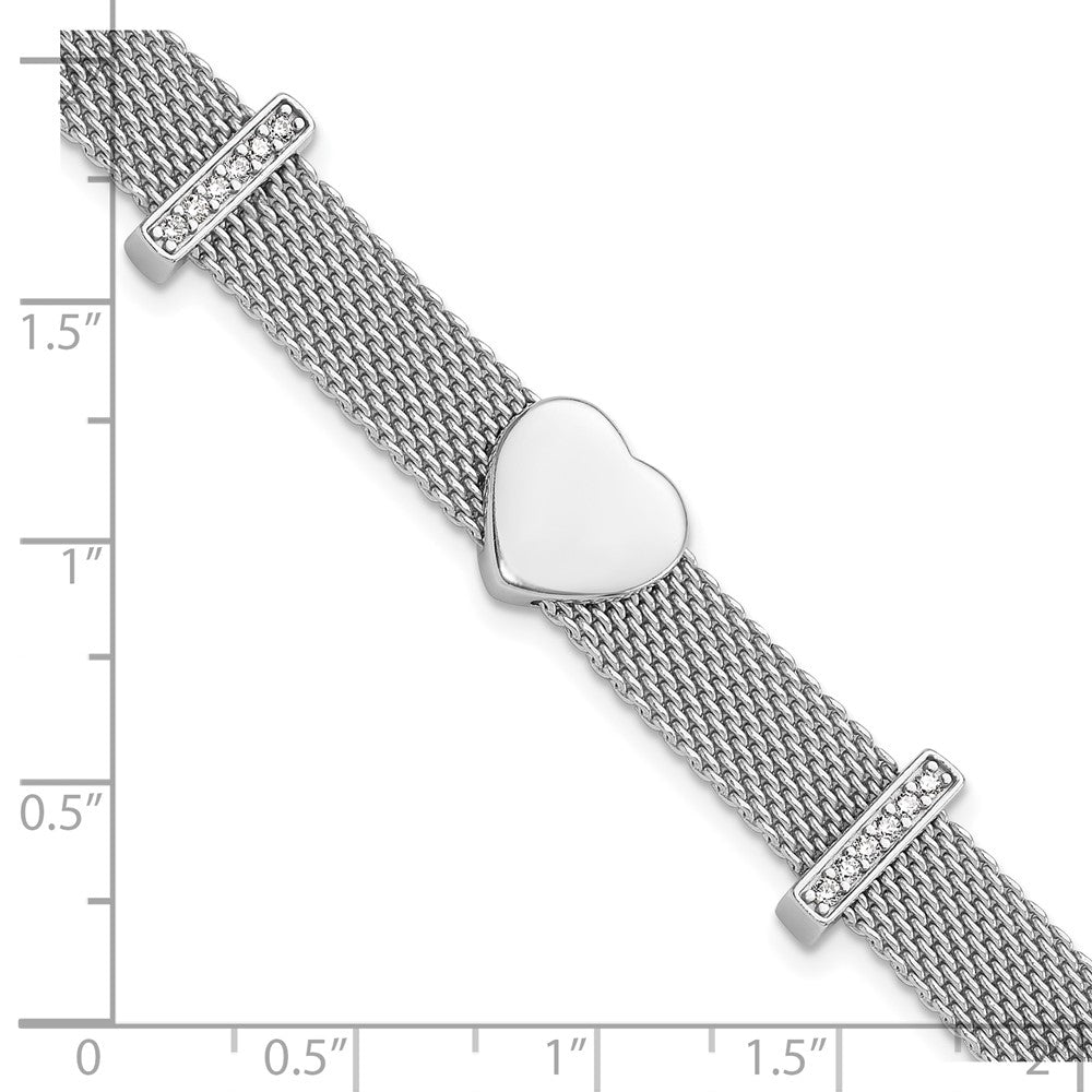 925 Sterling Silver 5.25mm Rhodium-plated Mesh Cubic Zirconia Heart 6.75in Bracelet 8 inch