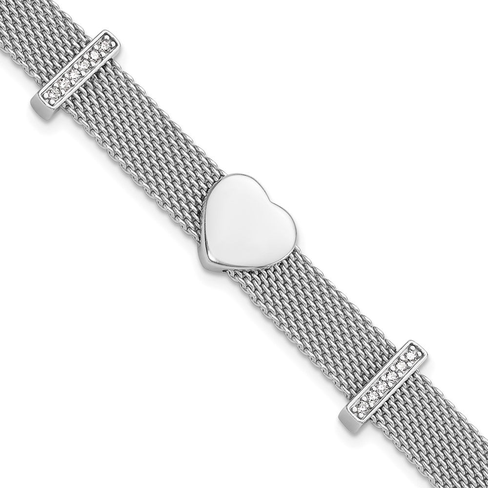 925 Sterling Silver 5.25mm Rhodium-plated Mesh Cubic Zirconia Heart 6.75in Bracelet 8 inch