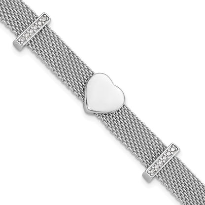 925 Sterling Silver 5.25mm Rhodium-plated Mesh Cubic Zirconia Heart 6.75in Bracelet 8 inch