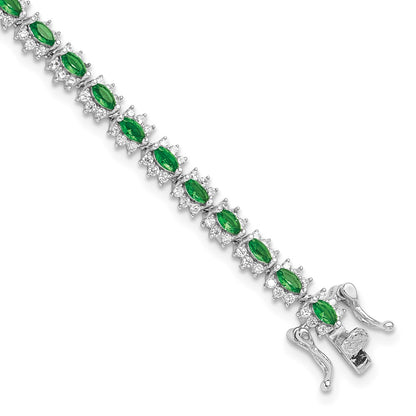 925 Sterling Silver 5.25mm Rhodium-plated with Green and White Cubic Zirconia Bracelet 8 inch