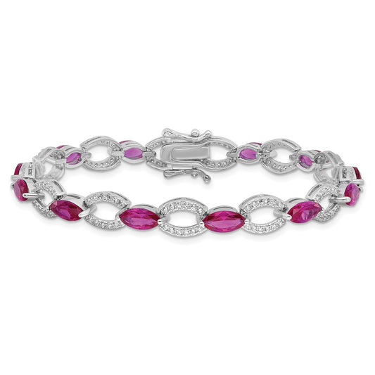 925 Sterling Silver 5.25mm Rhodium-plated White and Red Cubic Zirconia Link Bracelet 8 inch