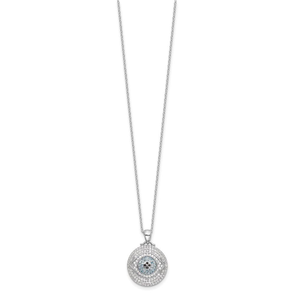 Sterling Silver Rh-plated Created Blue Spinel and CZ Evil Eye Necklace 18"