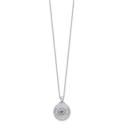 Sterling Silver Rh-plated Created Blue Spinel and CZ Evil Eye Necklace 18"
