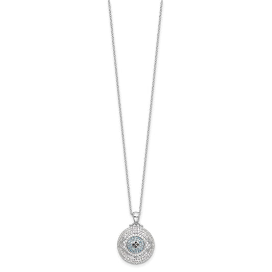 Sterling Silver Rh-plated Created Blue Spinel and CZ Evil Eye Necklace 18"