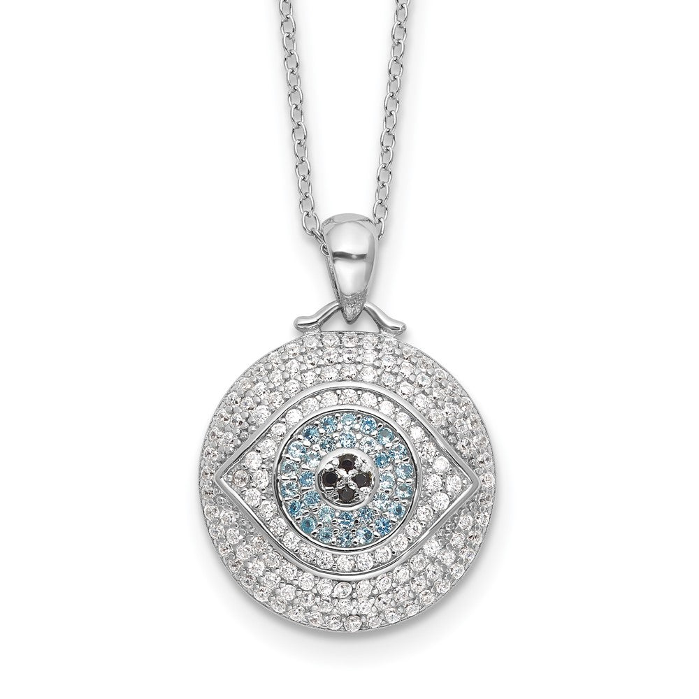 Sterling Silver Rh-plated Created Blue Spinel and CZ Evil Eye Necklace 18"