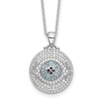 Sterling Silver Rh-plated Created Blue Spinel and CZ Evil Eye Necklace 18"