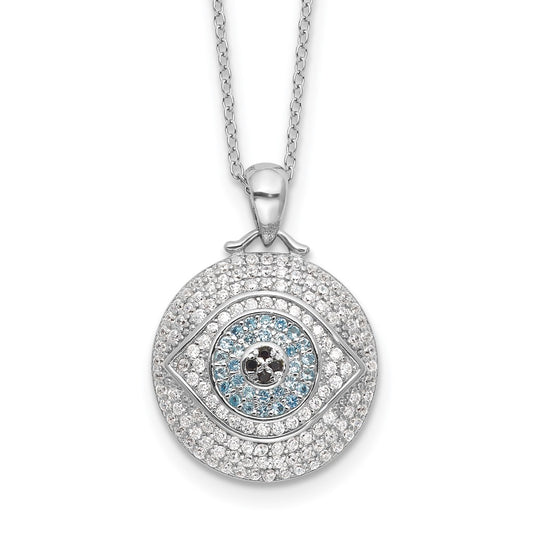 Sterling Silver Rh-plated Created Blue Spinel and CZ Evil Eye Necklace 18"