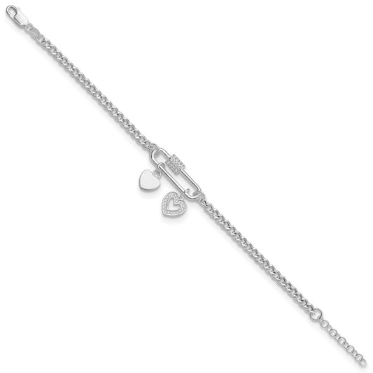 925 Sterling Silver Rhodium-plated Cubic Zirconia Heart Moveable 7in Bracelet 8 inch