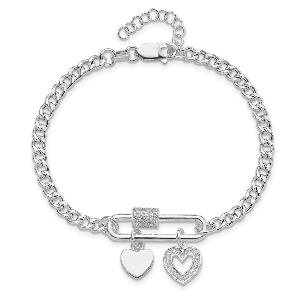 925 Sterling Silver Rhodium-plated Cubic Zirconia Heart Moveable 7in Bracelet 8 inch