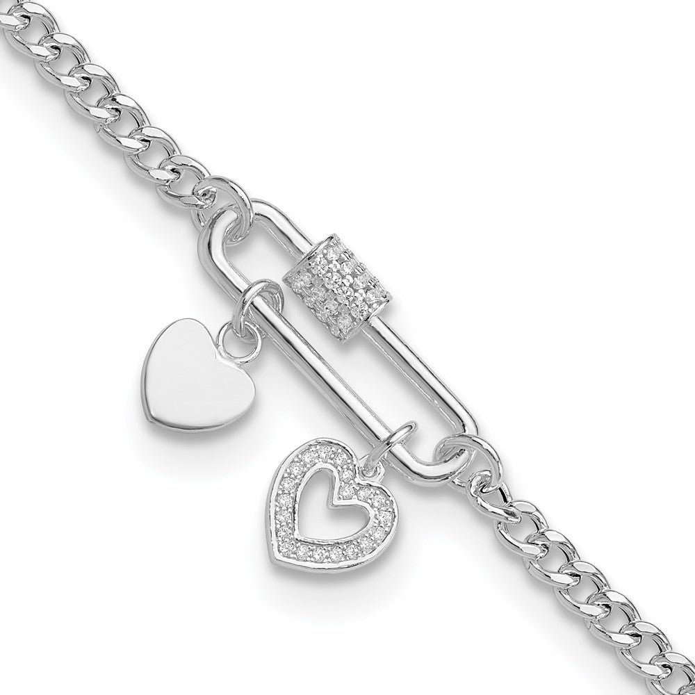 925 Sterling Silver Rhodium-plated Cubic Zirconia Heart Moveable 7in Bracelet 8 inch