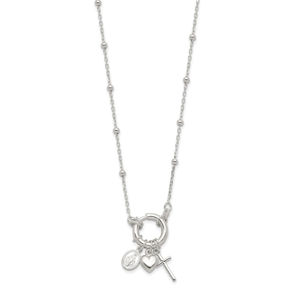 Sterling Silver Heart Miraculous Medal Cross Charm Necklace 18"