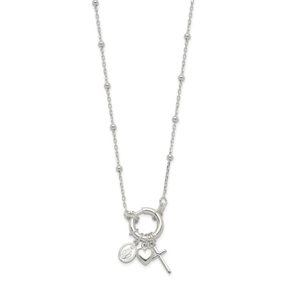 Sterling Silver Heart Miraculous Medal Cross Charm Necklace 18"