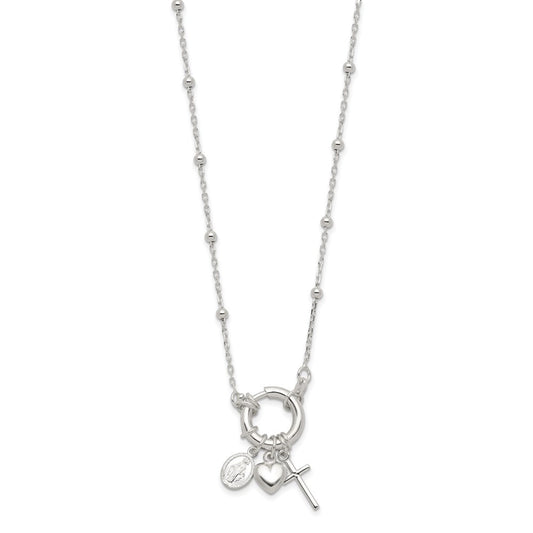 Sterling Silver Heart Miraculous Medal Cross Charm Necklace 18"