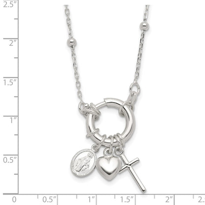 Sterling Silver Heart Miraculous Medal Cross Charm Necklace 18"