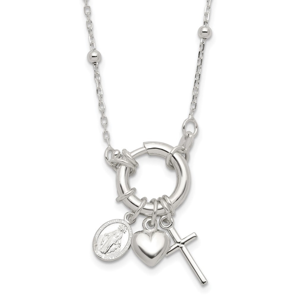 Sterling Silver Heart Miraculous Medal Cross Charm Necklace 18"