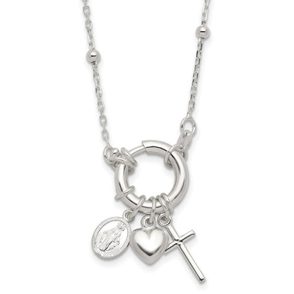 Sterling Silver Heart Miraculous Medal Cross Charm Necklace 18"